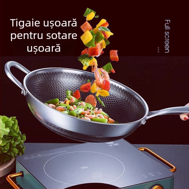 Wok antiaderent pentru uz casnic — compatibil cu plite cu inducție și aragaz, tigaie cu bază plată pentru sotare