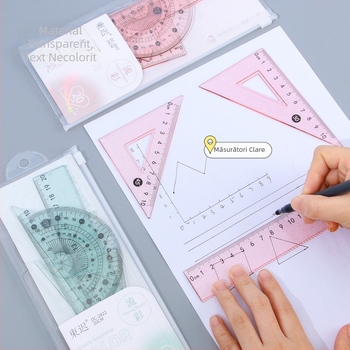 Set geometric nou pentru elevi: compas, riglă triunghiulară, riglă dreptunghiulară și instrumente geometrice