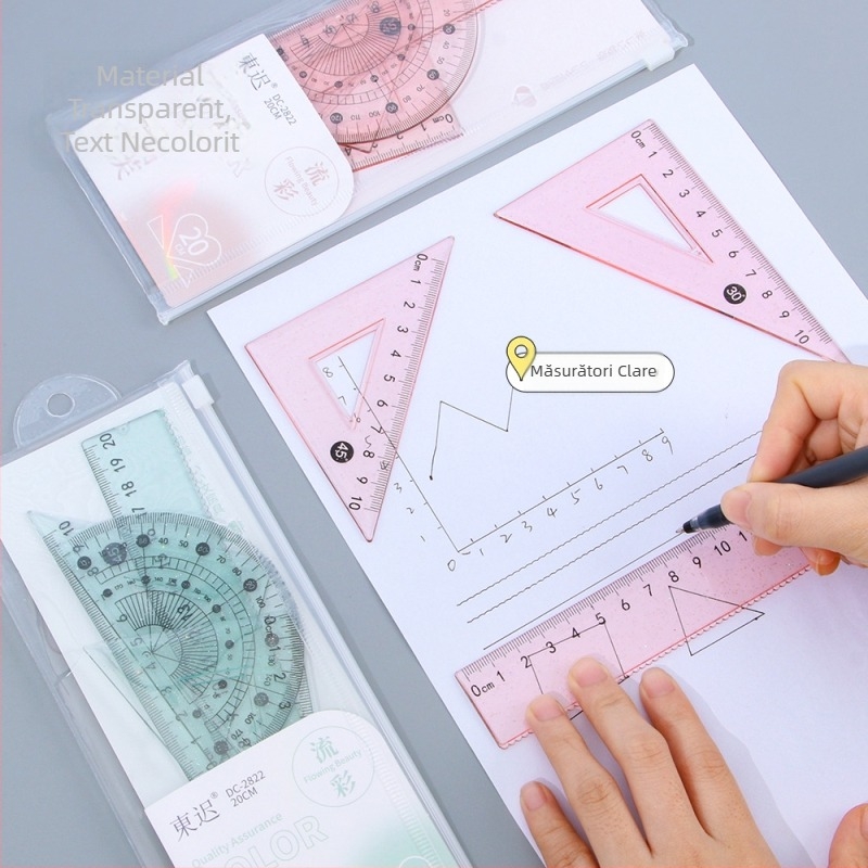 Set geometric nou pentru elevi: compas, riglă triunghiulară, riglă dreptunghiulară și instrumente geometrice