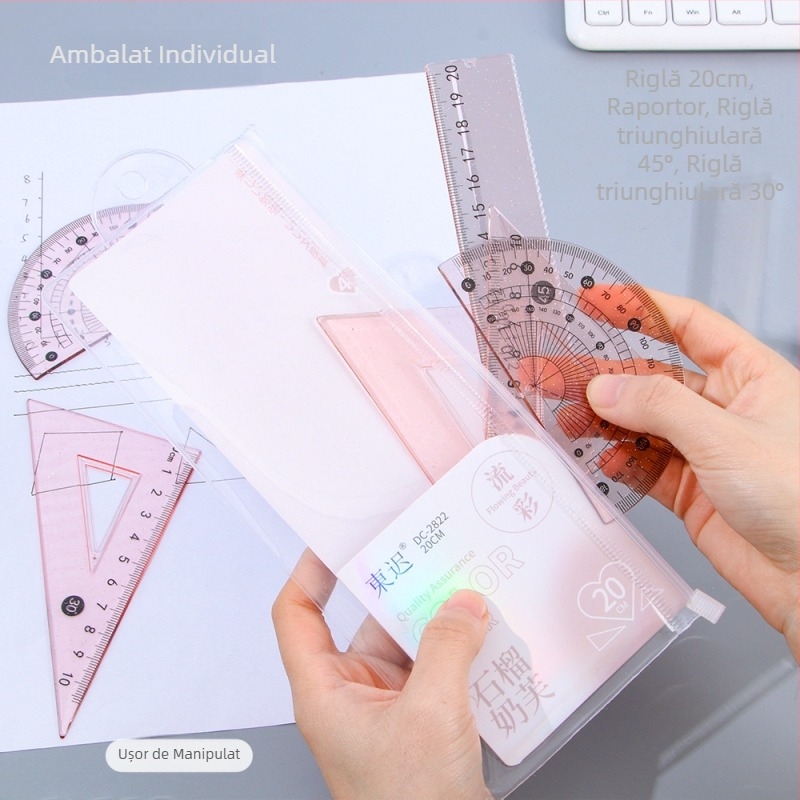 Set geometric nou pentru elevi: compas, riglă triunghiulară, riglă dreptunghiulară și instrumente geometrice