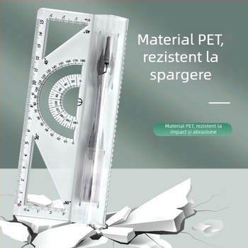 Set cu compas și riglă pentru elevi, material PET, 8 piese, set de desen multifuncțional cu riglă și compas