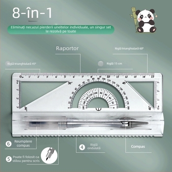 Set cu compas și riglă pentru elevi, material PET, 8 piese, set de desen multifuncțional cu riglă și compas