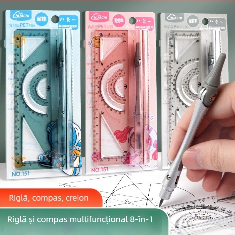 Set cu compas și riglă pentru elevi, material PET, 8 piese, set de desen multifuncțional cu riglă și compas
