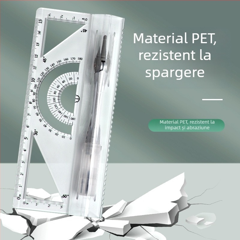 Set cu compas și riglă pentru elevi, material PET, 8 piese, set de desen multifuncțional cu riglă și compas