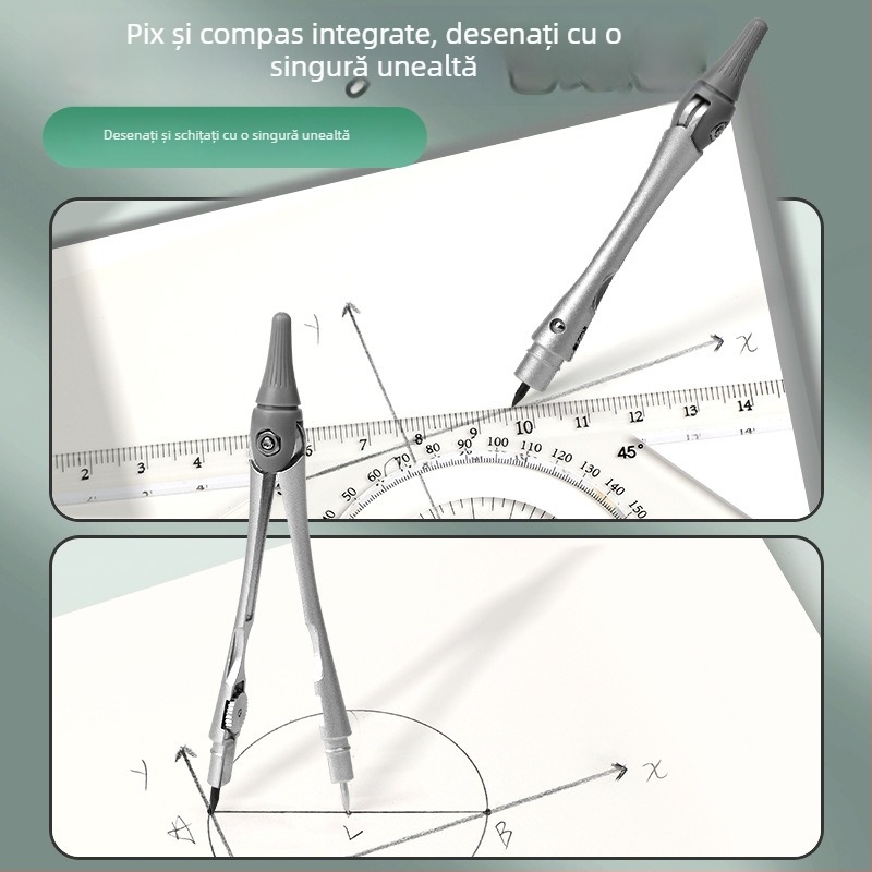 Set cu compas și riglă pentru elevi, material PET, 8 piese, set de desen multifuncțional cu riglă și compas