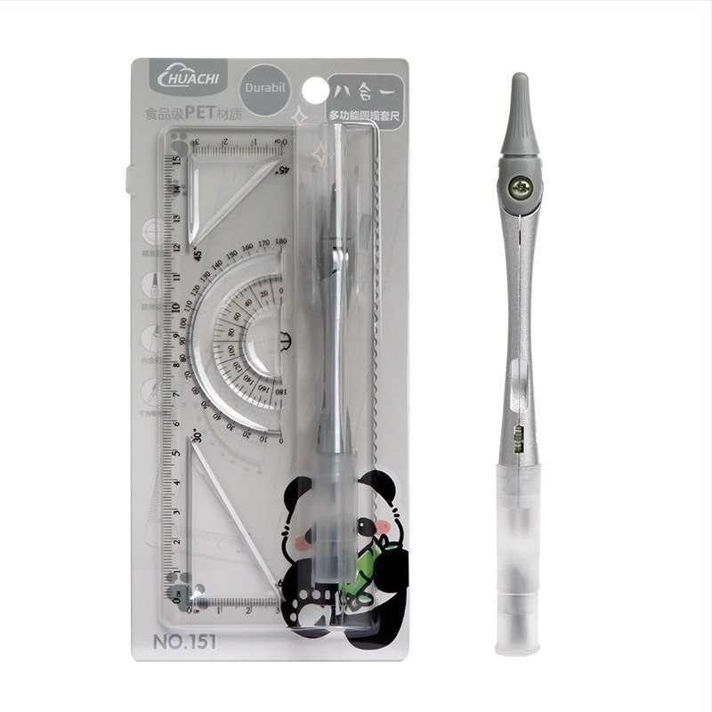 Set cu compas și riglă pentru elevi, material PET, 8 piese, set de desen multifuncțional cu riglă și compas