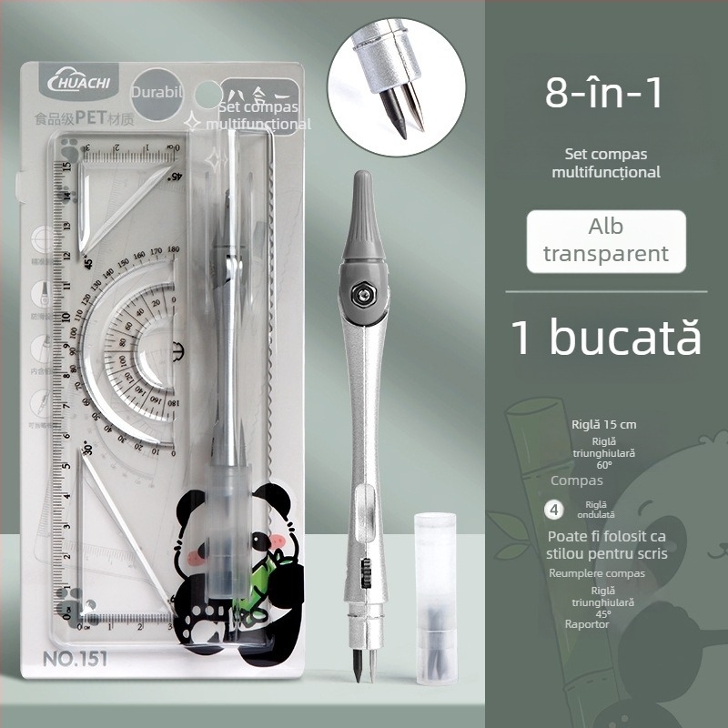 Set cu compas și riglă pentru elevi, material PET, 8 piese, set de desen multifuncțional cu riglă și compas