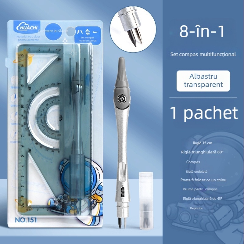 Set cu compas și riglă pentru elevi, material PET, 8 piese, set de desen multifuncțional cu riglă și compas
