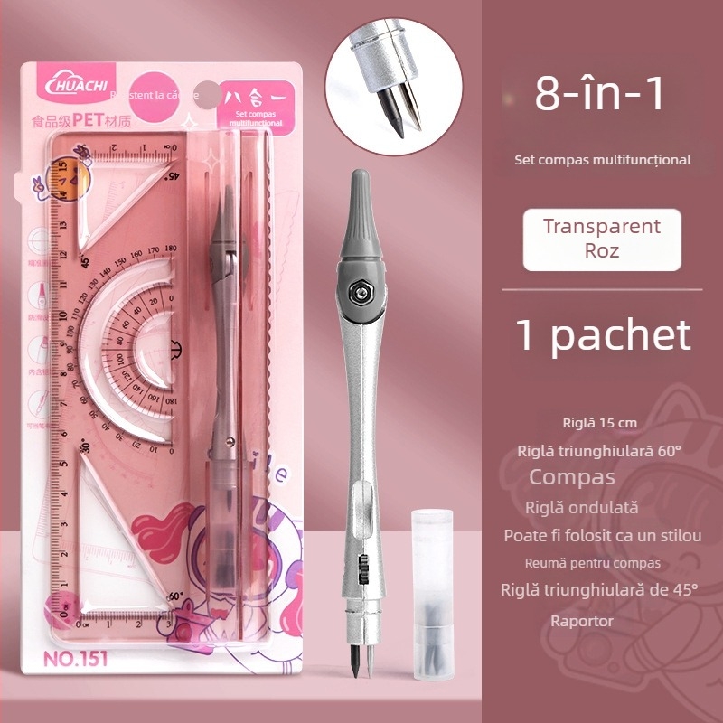 Set cu compas și riglă pentru elevi, material PET, 8 piese, set de desen multifuncțional cu riglă și compas