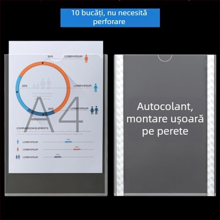 Ramă de afișaj pe perete A4 cu buzunare transparente pentru carduri și spațiu de inserare a documentelor