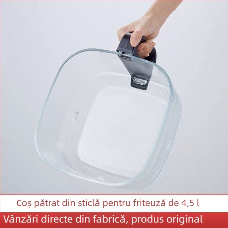 Inserție din sticlă borosilicată pentru friteuză cu aer, 4,5 L, coș pătrat de prăjit din sticlă, dimensiuni 22×22×13 cm