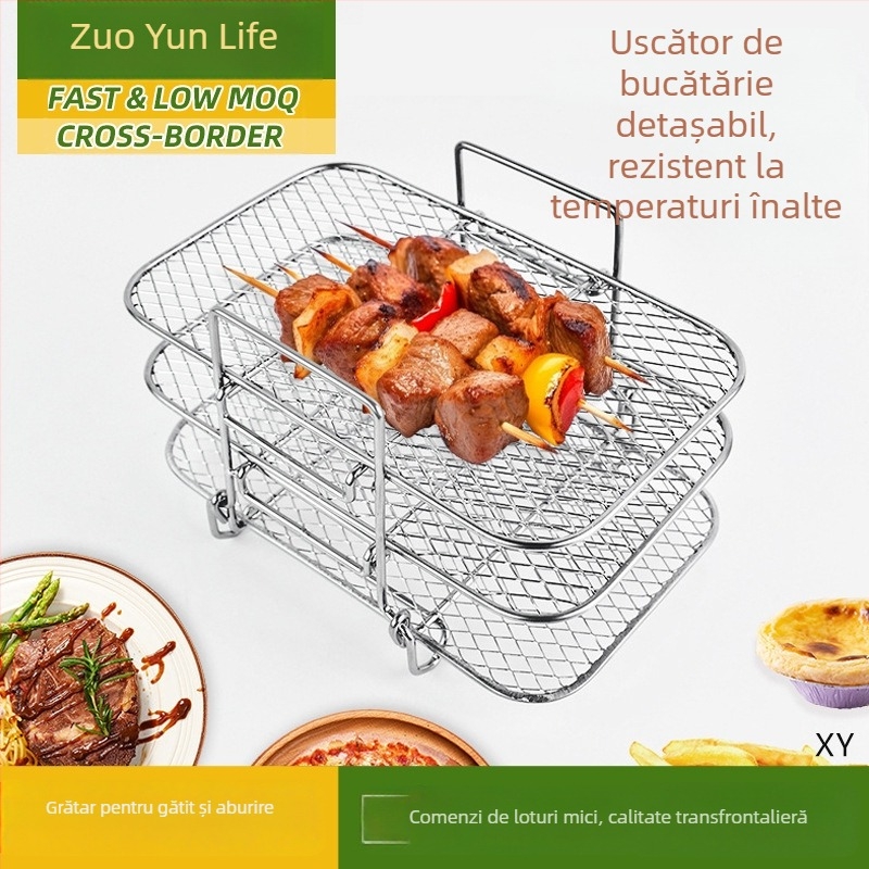 Grilaj detașabil din oțel inoxidabil 304 pentru friteuză cu aer, suport pătrat cu trei niveluri pentru deshidratarea fructelor și legumelor și gătit la abur