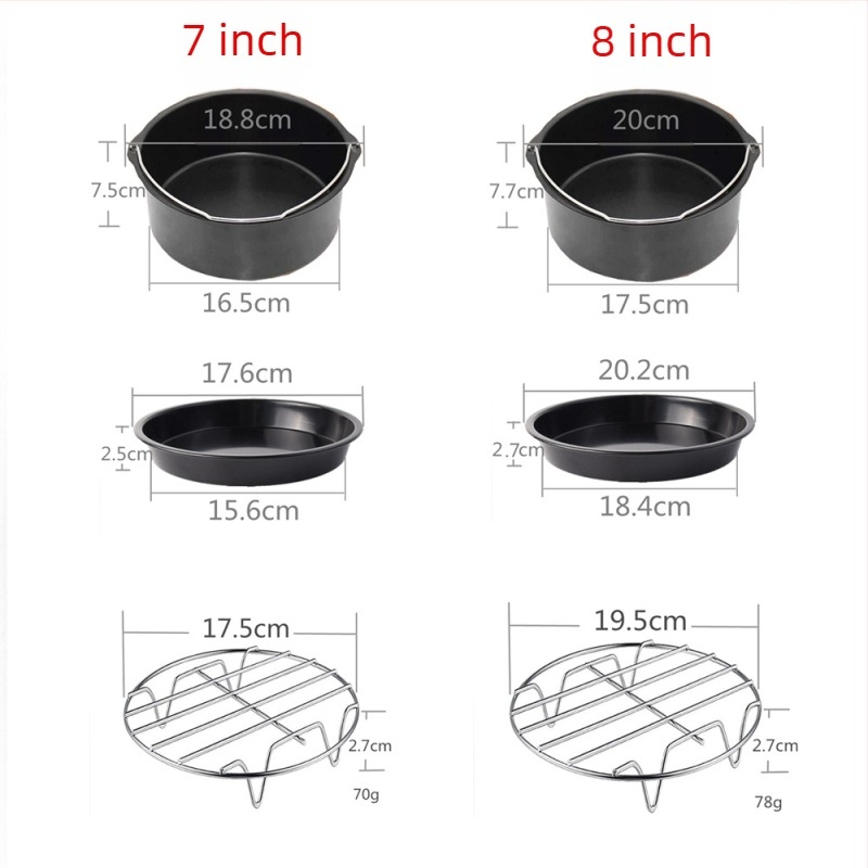Accesorii pentru friteza cu aer, set de 7 piese: grătar pentru coacere, coș pentru prăjituri, suport pentru pâine, pentru 3.5–5.8 litri