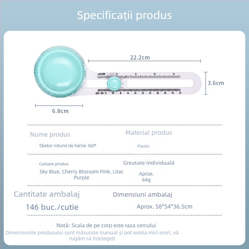 Tăietor circular rotativ pentru hârtie – cuțit compas, instrument DIY de tăiere până la A4, culori verde, roz, mov