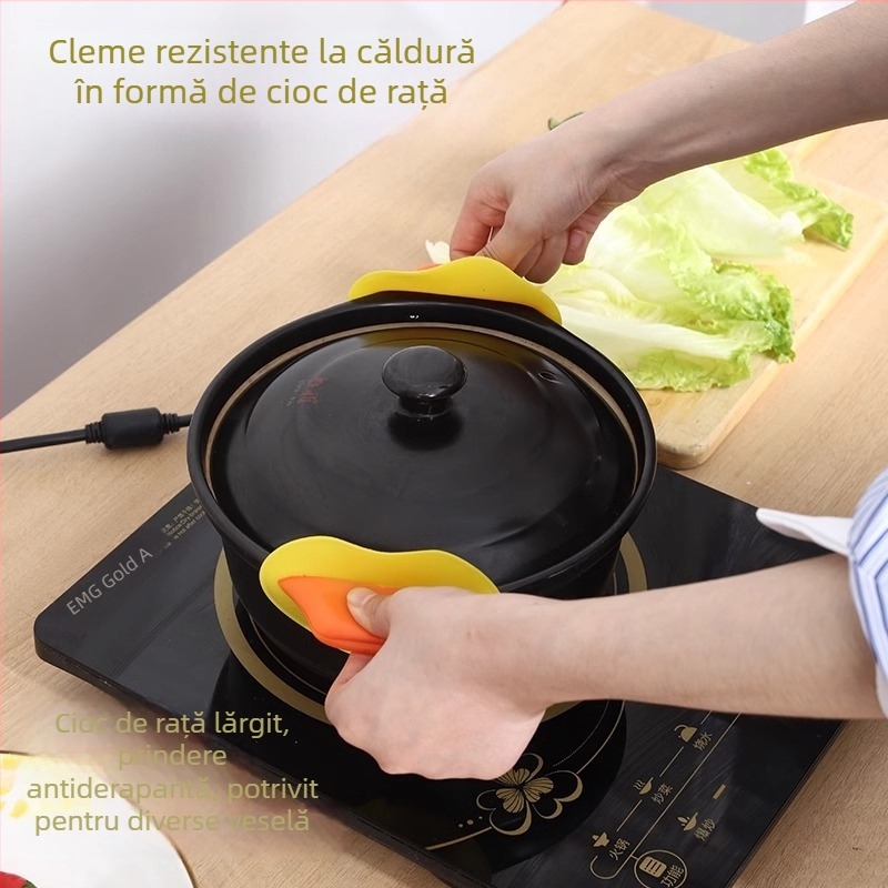 Mănuși din silicon rezistente la căldură, galbene, groase, antiderapante, cu clips pentru bol la microunde