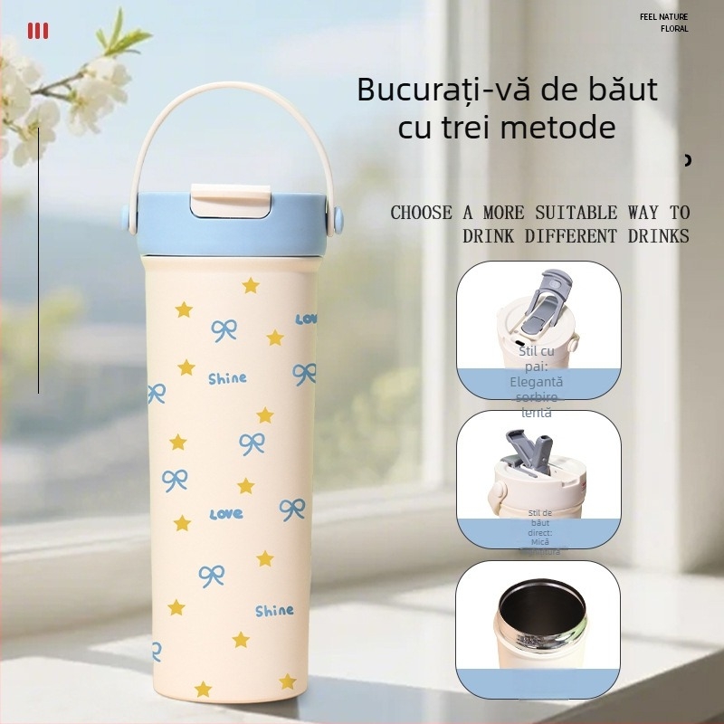 Cană termică din oțel inoxidabil 316, cu mâner, portabilă, capacitate mare, capac pop-up, cu două paie, en-gros