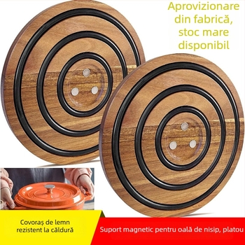 Pad circular din lemn pentru oală, anti-arsură, antiderapant, bază pentru caserolă, lemn masiv, absorbție magnetică, izolație termică, suport de masă