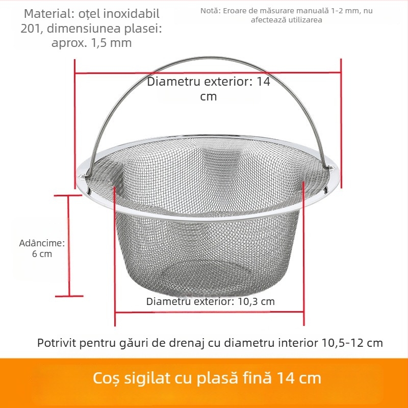 Filtru pentru chiuveta de bucătărie, din oțel inoxidabil, 14 cm, sită de drenaj