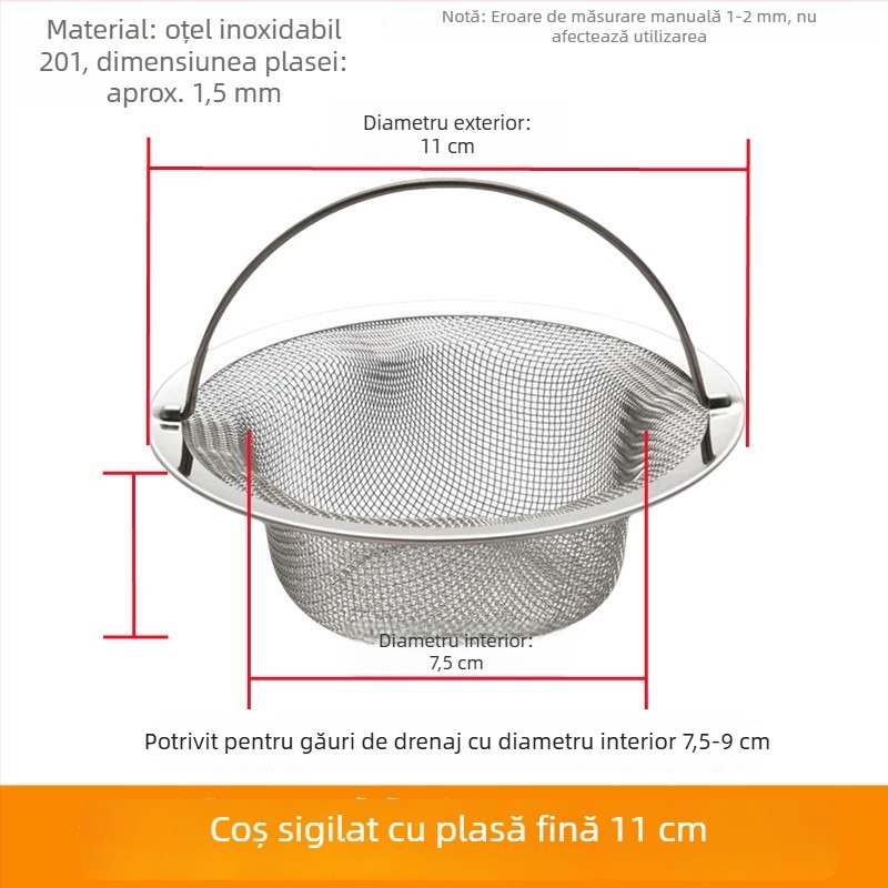 Filtru pentru chiuveta de bucătărie, din oțel inoxidabil, 14 cm, sită de drenaj