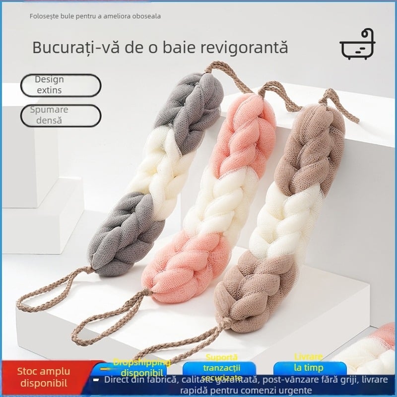 Bandă de baie lungă pentru exfoliere și scrub al spatelui, formă de floare de baie