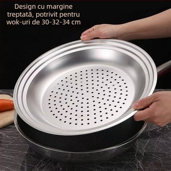 Tavă de aburi din oțel inoxidabil pentru wok, 30–32–34 cm, cu grilă de aburi și coș