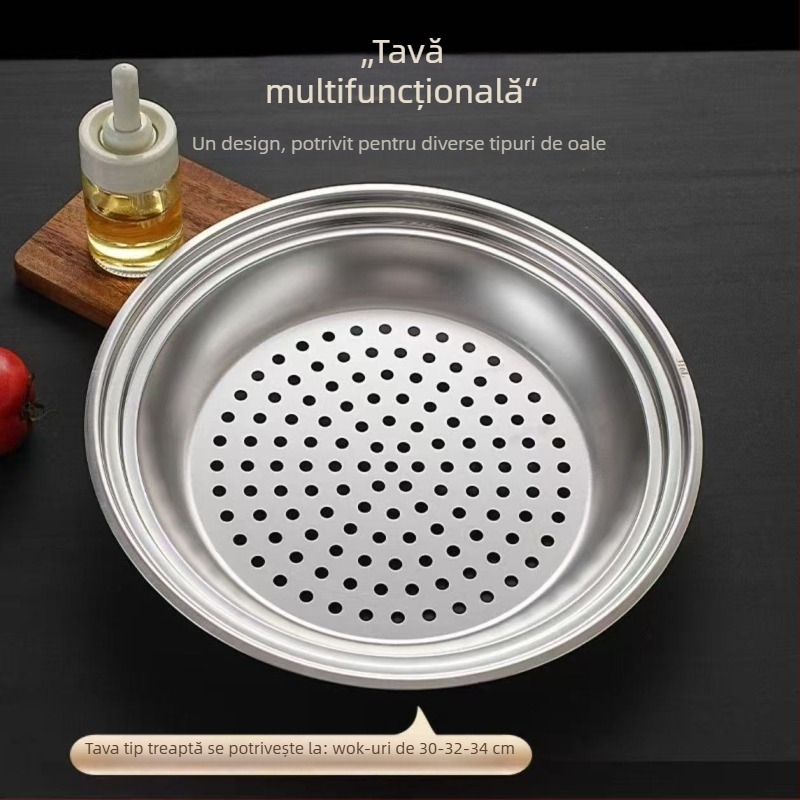 Tavă de aburi din oțel inoxidabil pentru wok, 30–32–34 cm, cu grilă de aburi și coș