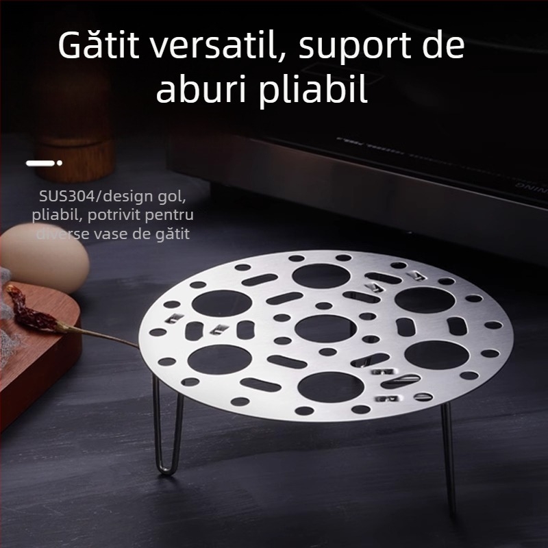 Suport din oțel inoxidabil pentru aburi, pliabil, destinat uzului casnic, cu grilă circulară de aburi, placă de aburi ridicată, tavă mică de aburi și suport pentru ouă