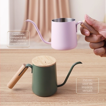 Ceainic pour-over cu mâner din lemn, gură lungă și subțire, scară internă din oțel inox SUS304, design mini compact, stil Nordic