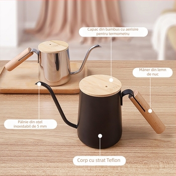 Ceainic pour-over cu mâner din lemn, gură lungă și subțire, scară internă din oțel inox SUS304, design mini compact, stil Nordic