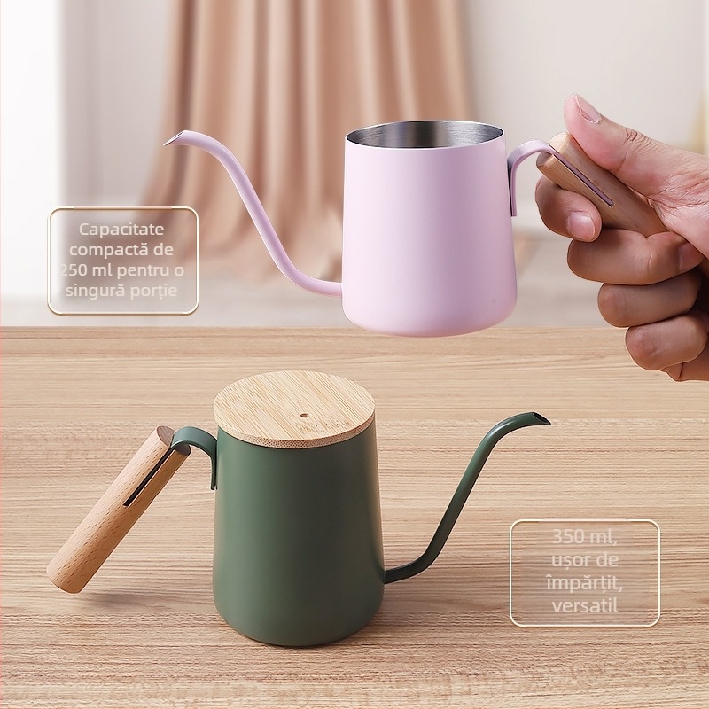 Ceainic pour-over cu mâner din lemn, gură lungă și subțire, scară internă din oțel inox SUS304, design mini compact, stil Nordic