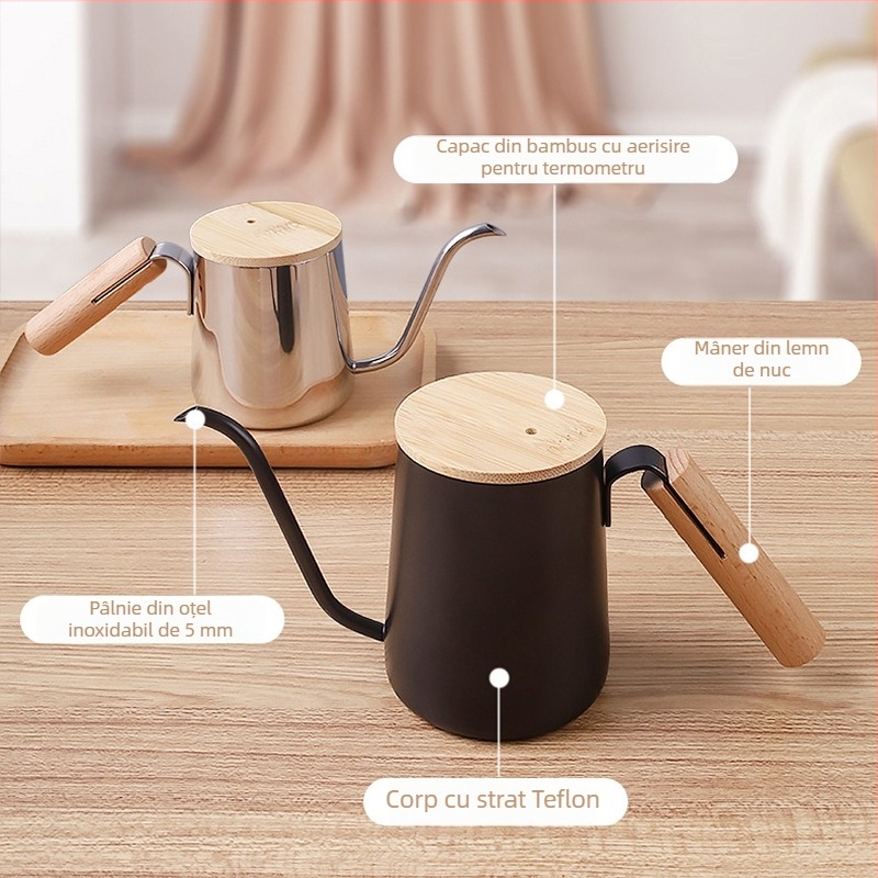 Ceainic pour-over cu mâner din lemn, gură lungă și subțire, scară internă din oțel inox SUS304, design mini compact, stil Nordic