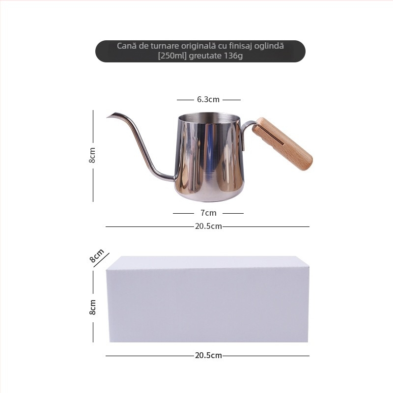 Ceainic pour-over cu mâner din lemn, gură lungă și subțire, scară internă din oțel inox SUS304, design mini compact, stil Nordic