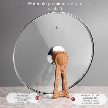 Capac din sticlă temperată, transparent, pentru oală de lapte, tigaie, vas de aburi și oală de gătit; rezistent la temperaturi înalte și la impact.