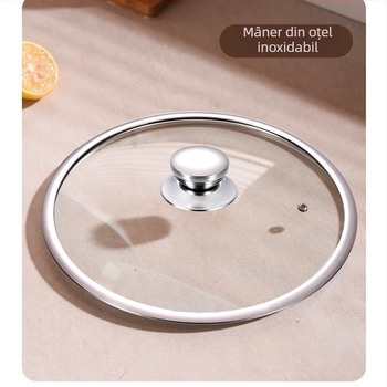 Capac de oală în formă de T din oțel inoxidabil cu margine largă, capac din sticlă temperată pentru uz casnic, fără mâner