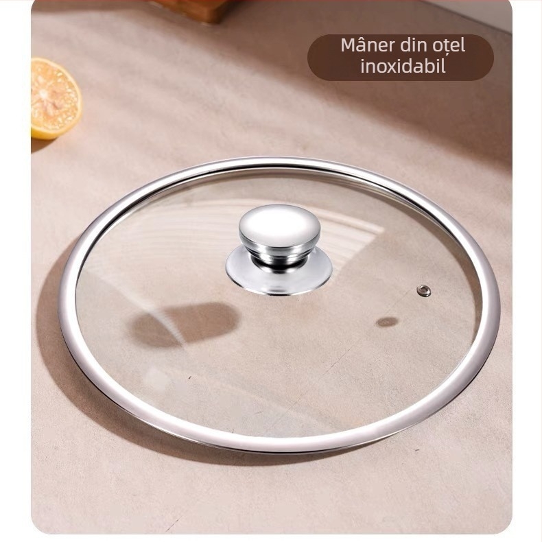 Capac de oală în formă de T din oțel inoxidabil cu margine largă, capac din sticlă temperată pentru uz casnic, fără mâner