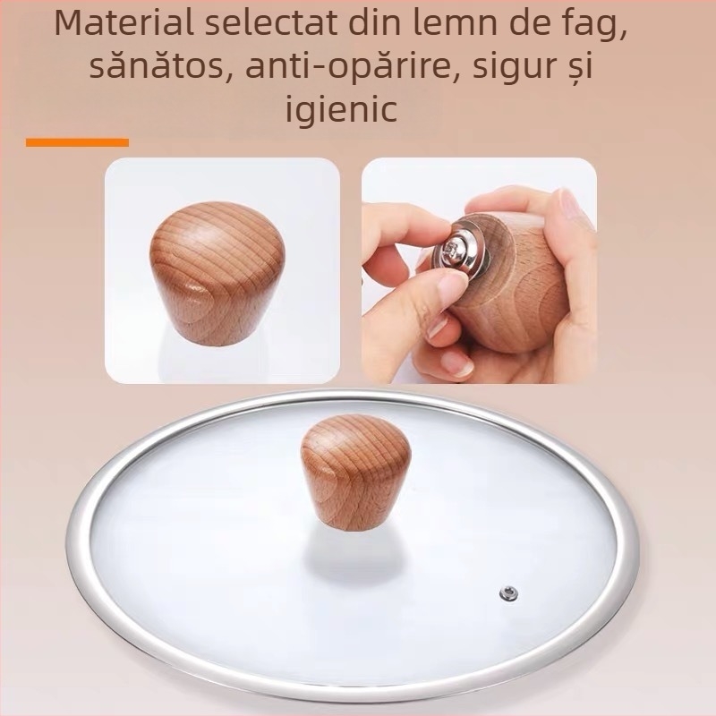 Capac de oală în formă de T din oțel inoxidabil cu margine largă, capac din sticlă temperată pentru uz casnic, fără mâner