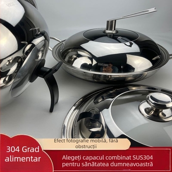 Capac wok din oțel inoxidabil 304, cu sticlă întărită, grosime extra, design adânc în formă de tambur, capac transparent de vizualizare