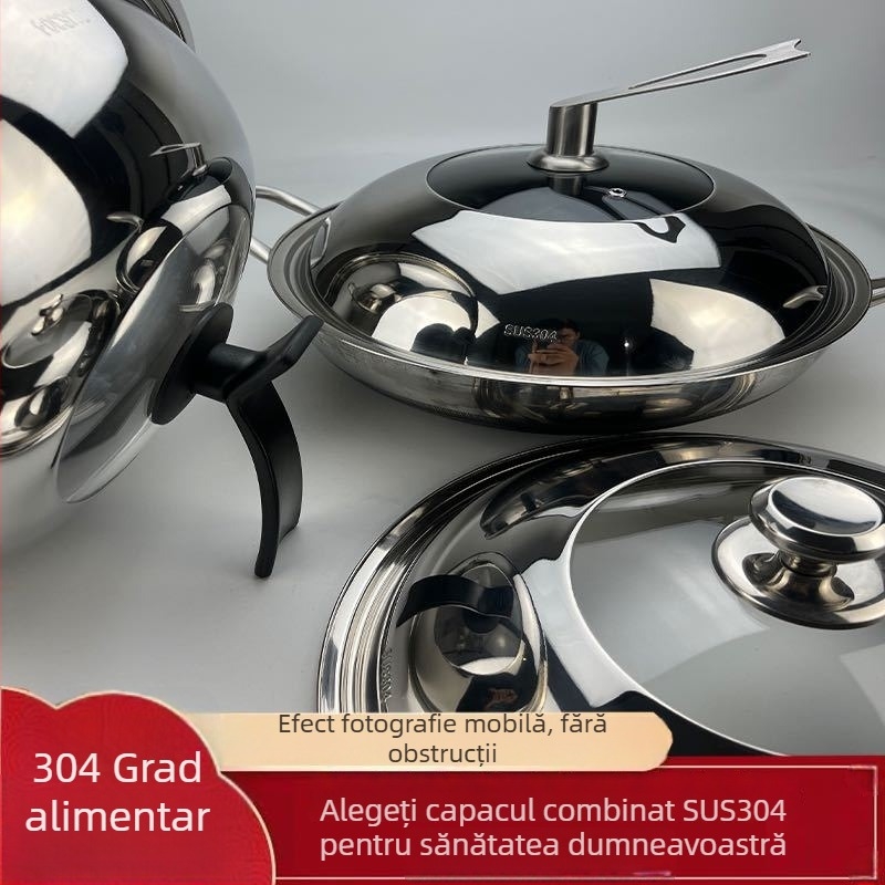 Capac wok din oțel inoxidabil 304, cu sticlă întărită, grosime extra, design adânc în formă de tambur, capac transparent de vizualizare