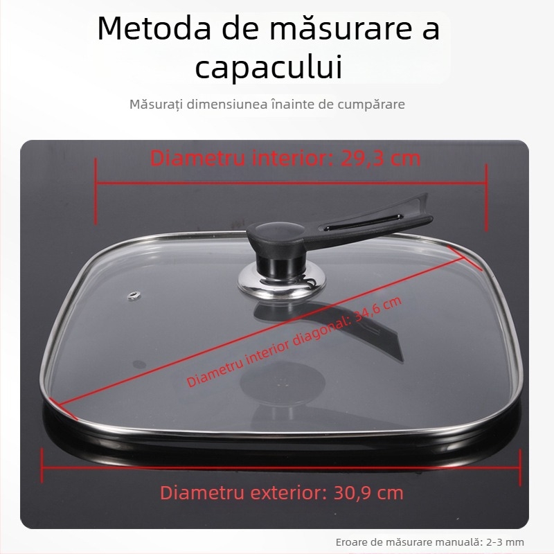 Capac pătrat în stil coreean, 30 cm, pentru oală electrică, capac din sticlă temperată, universal pentru oale pătrate, set accesorii