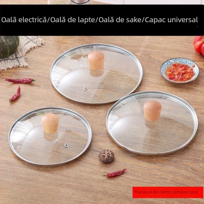 Capac de sticlă în formă de G pentru oale și wok, sticlă temperată, capac transparent cu mâner din lemn, rotund