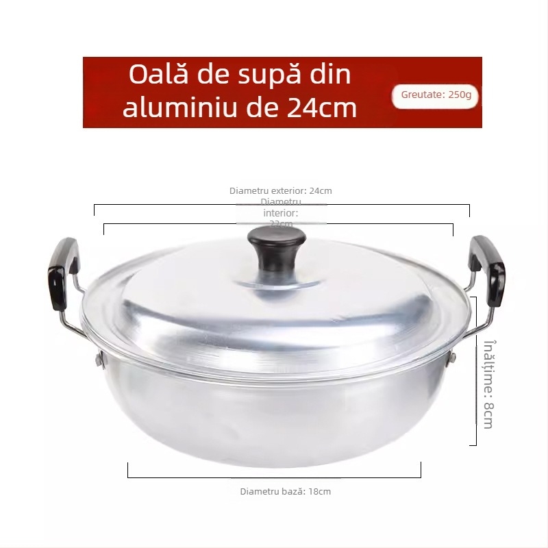 Oală de supă din aluminiu pur, întărită, cu două mânere; oală mică din aluminiu pentru lapte, ramen, terci și tocăni, potrivită pentru plita cu gaz