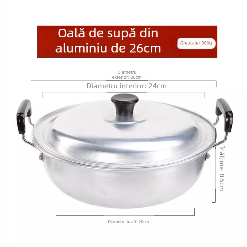 Oală de supă din aluminiu pur, întărită, cu două mânere; oală mică din aluminiu pentru lapte, ramen, terci și tocăni, potrivită pentru plita cu gaz