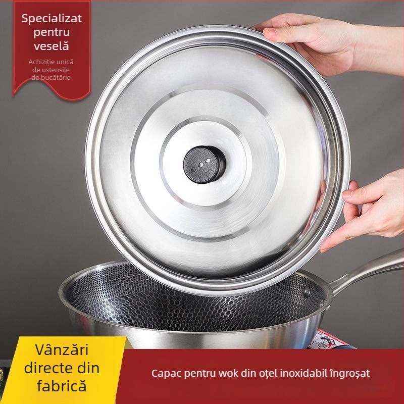 Capac de wok din oțel inoxidabil, rotund, îngroșat, extra mare, pentru uz casnic și comercial