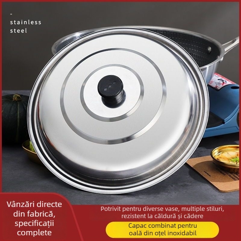 Capac de wok din oțel inoxidabil, rotund, îngroșat, extra mare, pentru uz casnic și comercial