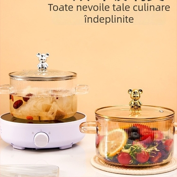 Oală de lapte din sticlă borosilicat, în formă de urs, cu două mâneri, rezistentă la temperaturi înalte și flamă deschisă; perfectă pentru supe, terci și tocănițe pe aragaz cu gaz.