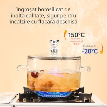Oală de lapte din sticlă borosilicat, în formă de urs, cu două mâneri, rezistentă la temperaturi înalte și flamă deschisă; perfectă pentru supe, terci și tocănițe pe aragaz cu gaz.
