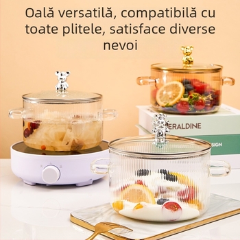 Oală de lapte din sticlă borosilicat, în formă de urs, cu două mâneri, rezistentă la temperaturi înalte și flamă deschisă; perfectă pentru supe, terci și tocănițe pe aragaz cu gaz.