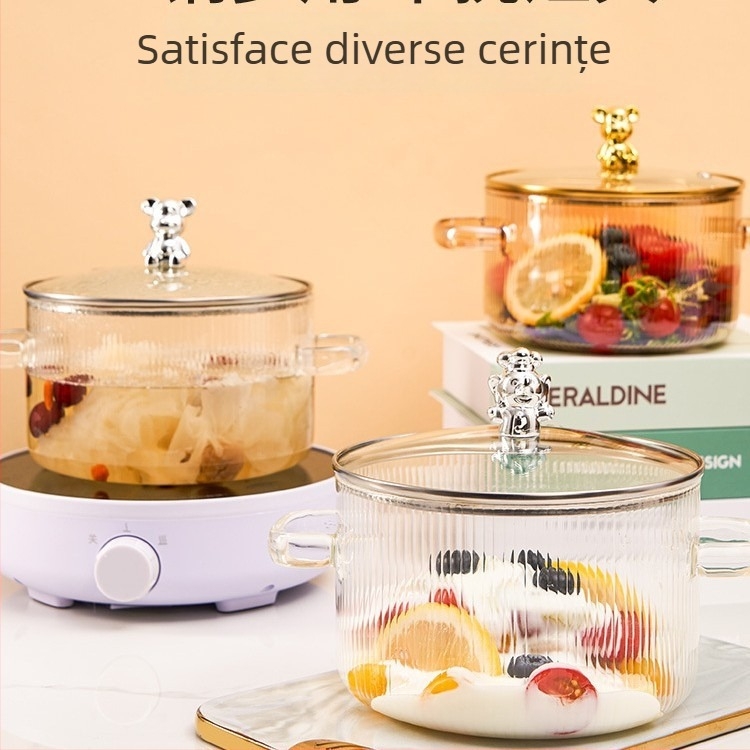 Oală de lapte din sticlă borosilicat, în formă de urs, cu două mâneri, rezistentă la temperaturi înalte și flamă deschisă; perfectă pentru supe, terci și tocănițe pe aragaz cu gaz.