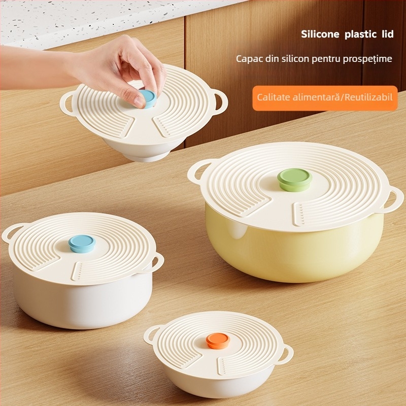 Capac din silicon alimentar pentru oale și boluri, rezistent la căldură, etanșare automată, protecție împotriva prafului, formă circulară