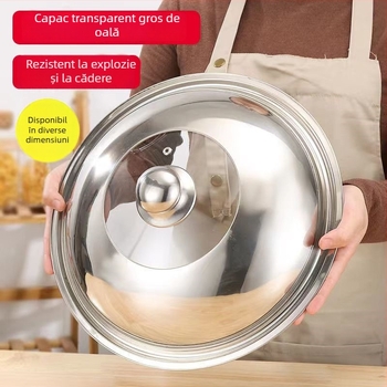Capac 30-36 cm din oțel inoxidabil nemagnetic, cu sticlă, capac universal tip combinație pentru oale și tigăi